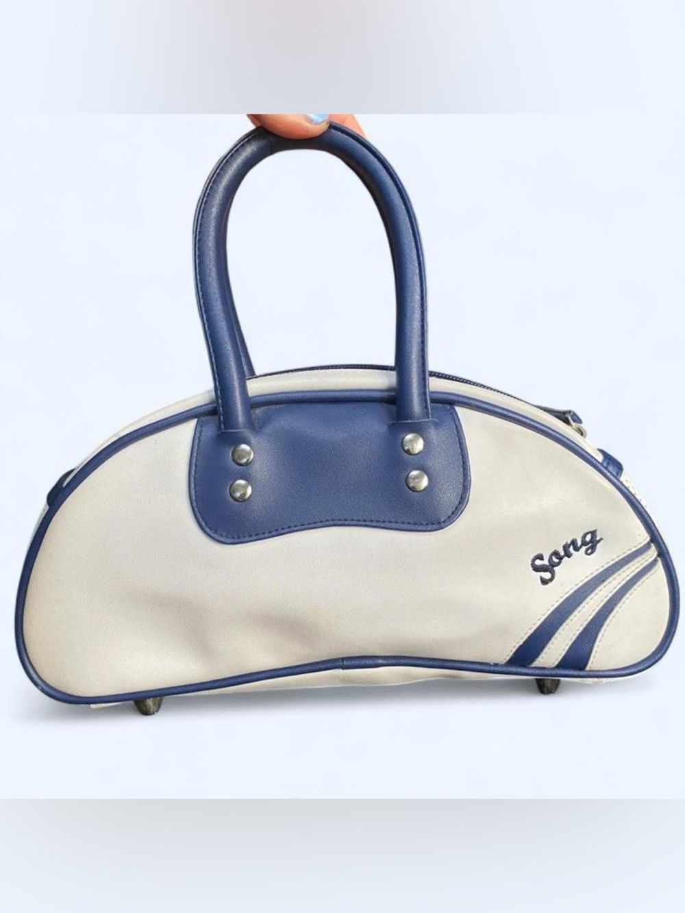 Cream and Blue Dome-Top Mini Handbag